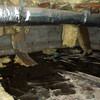 Fiberglass insulation dripping off a floor joist in a soaked crawl space with a think black liner in Vineland.