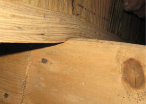 A failing girder showing signs of compression damage in a Ventor City home