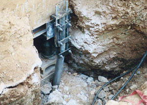 a bent, failed foundation push pier installed in Clementon.